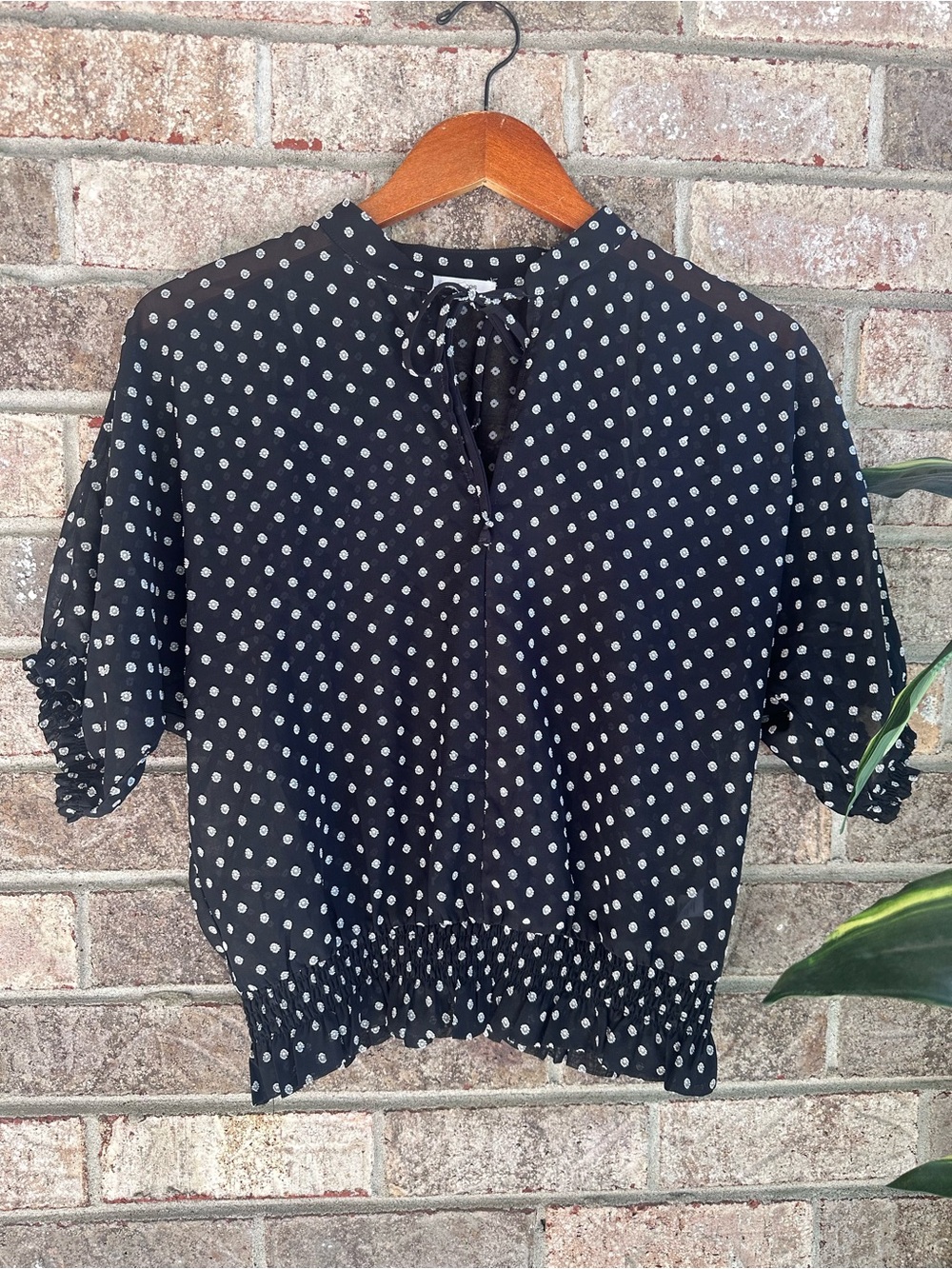 Maurices Black Polka Dot Tie-Neck Puff Sleeve Top Small